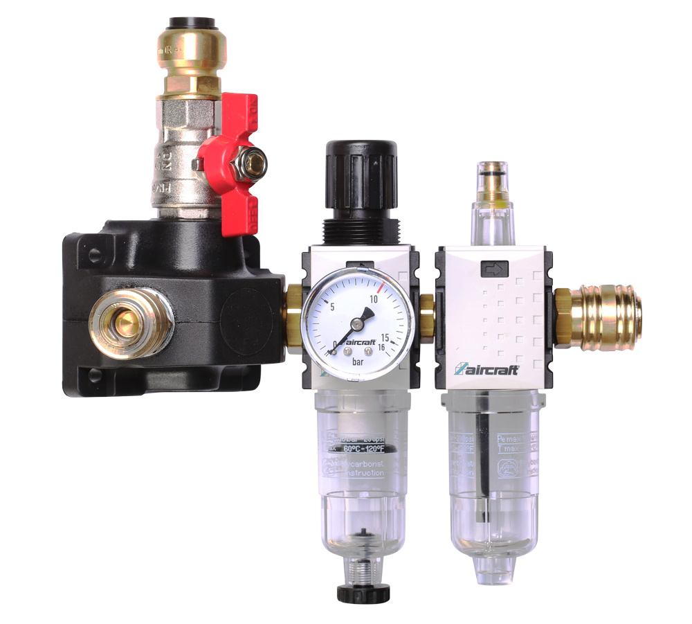 AIRCRAFT ROZDĚLOVACÍ KRABICE SE 2 RYCHLOSPOJKAMI, VENTILEM, REGULÁTOREM S FILTREM A PŘIMAZÁVAČEM ? 22 MM