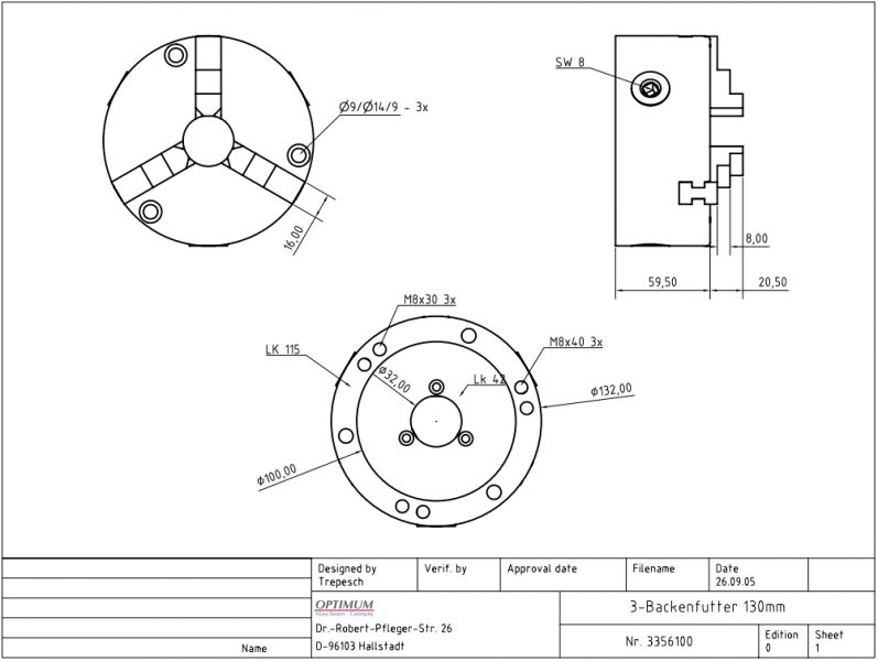3-čeľusťové skľučovadlo 125 mm pre RT 150